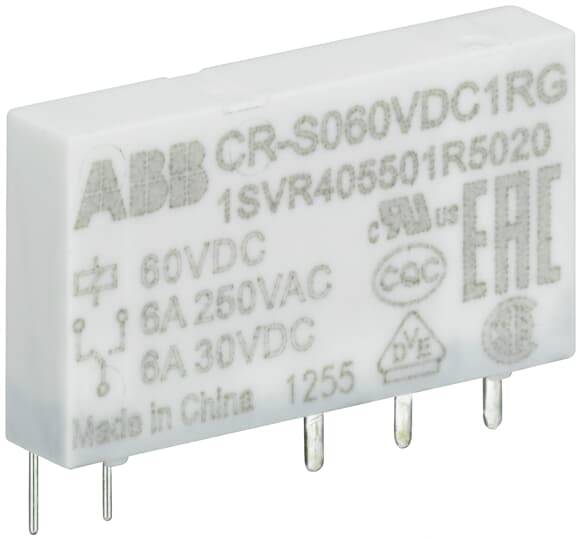 Ein kleines, rechteckiges Relais mit der Aufschrift 'ABB CR-S060VDC1RG' und technischen Spezifikationen für elektrische Spannung und Strom.