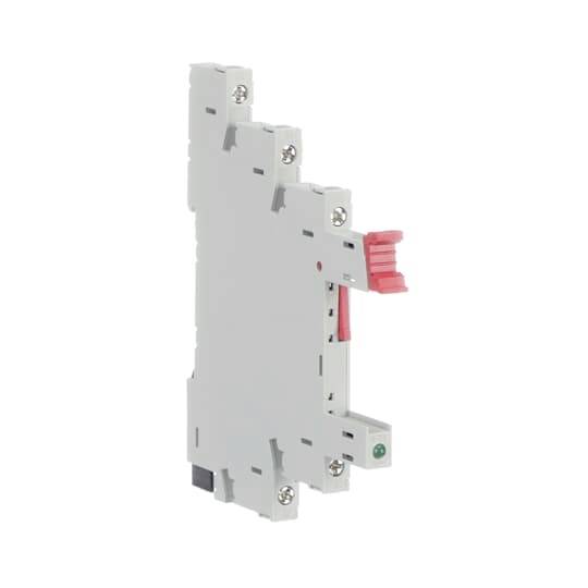 Produktbild eines grauen elektronischen Relais mit rotem Betätigungshebel, Montageschrauben und grünem Indikator an der Unterseite.