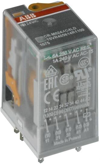 Ein durchsichtiges Relais mit Beschriftungen, darunter '24VAC', '6A 250V AC RES.' und verschiedenen Zertifizierungslogos und Pin-Nummern.