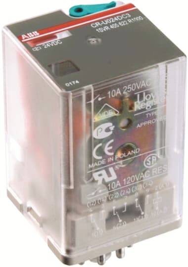 Ein transparenter Elektroschalter mit verschiedenen Zertifizierungen und Aufdrucken, geeignet für 10A bei 250VAC, hergestellt in Polen.