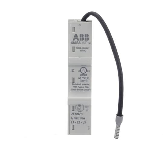Ein grauer ABB Sicherungsautomat mit Kabel, geeignet für Industriesteuerungen bis 32A, mit Produktinformationen und Zertifizierungslogos.