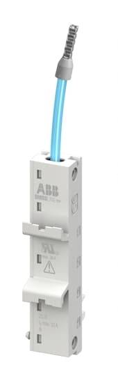 Sicherungsblock mit blauem Kabel, aufrecht positioniert. Enthält Herstellername und technische Symbole. Verwendet für elektrische Sicherungen.