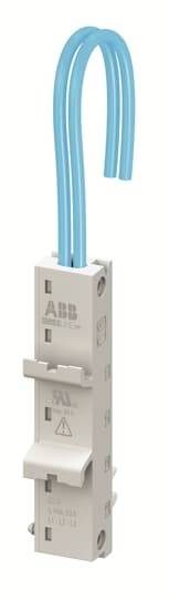 Ein weißer elektrischer Sicherungshalter mit blauem Kabel, geeignet für ABB-Sicherungen. Enthält Symbole für Spannung und Sicherheit.