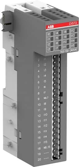 Ein graues Industriemodul mit roten und weißen Markierungen, nummerierten Anschlüssen und einem Firmenlogo oben links.