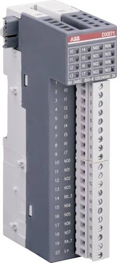 Ein graues ABB-Modul mit mehreren Anschlüssen und Beschriftungen. Es wird zur Steuerung und Überwachung in industriellen Systemen eingesetzt.