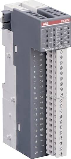 Ein graues ABB-Modul der Serie DO572 mit nummerierten Anschlüssen und einem Statuspanel für industrielle Anwendungen.