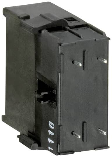 Schwarzer elektrischer Schalter mit rechteckiger Form und vier Metallkontakten, möglicherweise für industrielle Anwendungen.