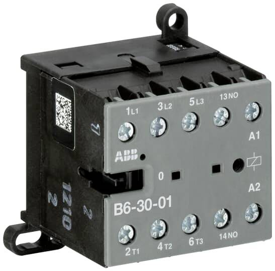 Ein elektrischer Schütz von ABB mit Modellnummer B6-30-01, zeigt Anschlussklemmen und Beschriftung zur Steuerung von Stromkreisen.
