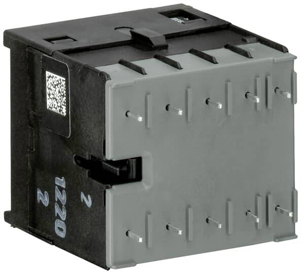Ein graues, quaderförmiges technisches Bauteil mit schwarzen Strukturen und einem QR-Code auf der Seite.