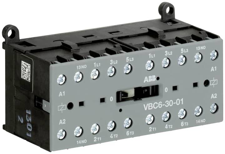 Relaismodul mit mehreren Anschlüssen und Aufdruck 'VBC6-30-01' von ABB. Enthält nummerierte Klemmen und Montageschlitze.