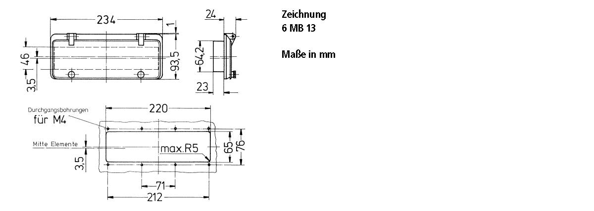 Technische Zeichnung eines Bauteils mit Maßen in mm. Verschiedene Ansichten zeigen Breite 234, Tiefe 71, Höhe 65, max. R5.