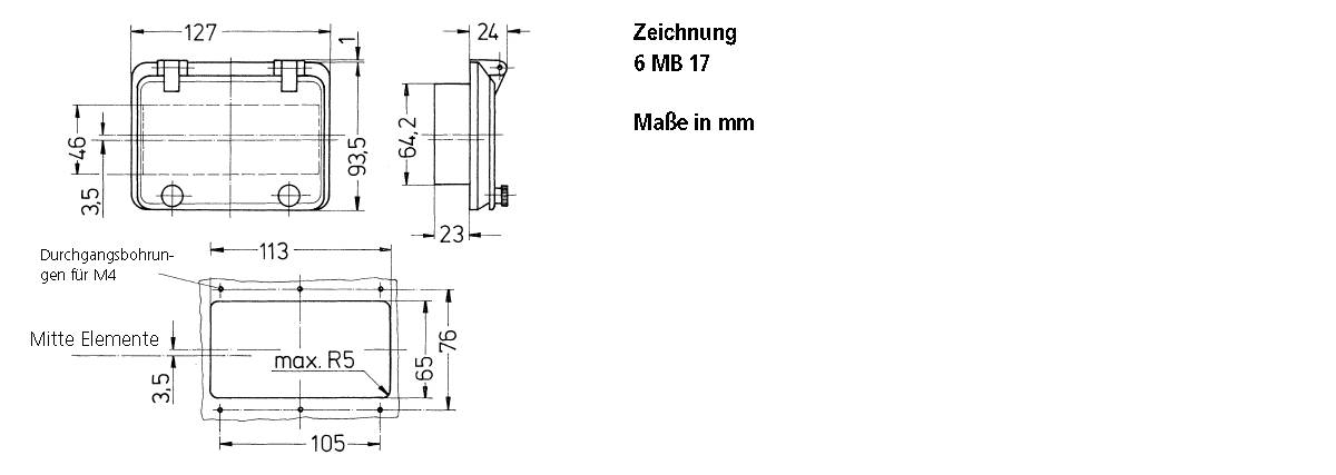 Technische Zeichnung eines rechteckigen Objekts mit Bemaßungen in Millimetern. Oben: 127 mm Breite, Tiefe: 24 mm, Höhe: 94,5 mm. Details M4 Bohrungen.