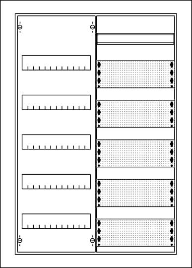 Installationsplan für Schaltschrank mit Platz für verschiedene Komponenten und Verkabelungen, Layout links leer, rechts Schnittstellenfelder.