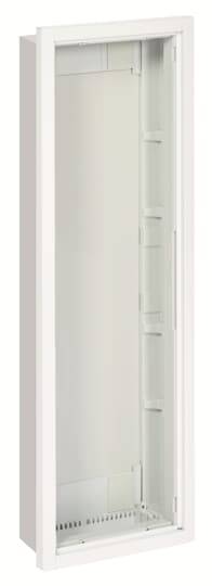 Weißer, aufrechter Verteilerkasten mit geöffneter Tür, zeigt Innenfächer und Kabelkanäle; geeignet für Elektroinstallationen.