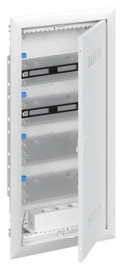 Offener, weißer Schaltschrank mit mehreren horizontalen Einheiten und einem Elektrokasten unten rechts. Türen teils geöffnet.