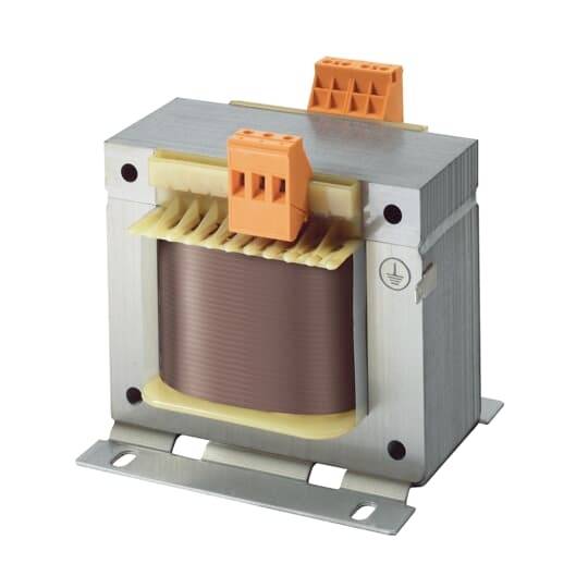 Ein Transformator mit Metallgehäuse und orangen Anschlussklemmen, geeignet zur Umwandlung elektrischer Spannungen in technischen Anwendungen.