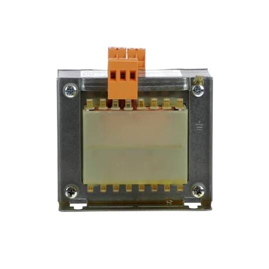 Ein Rechtecktrafo mit einem orangen Anschlussblock oben. Das Design ist industrial und funktional für elektrische Anwendungen geeignet.