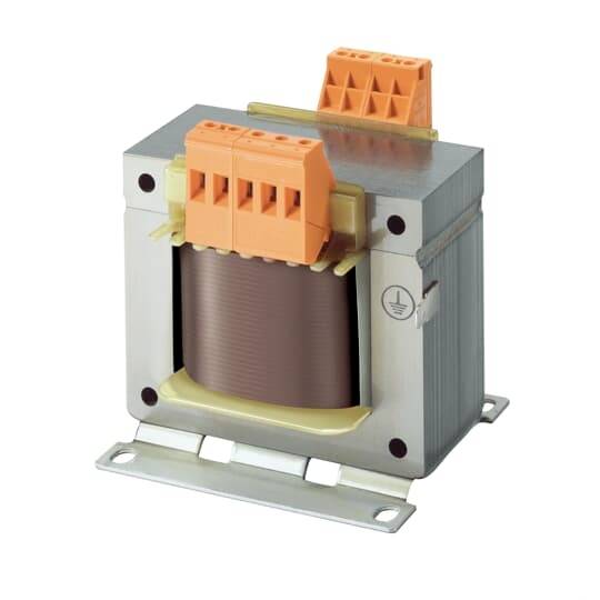Ein elektrischer Transformator mit orangefarbenen Anschlüssen und einer Metallbasis, geeignet zur Spannungsanpassung in elektrischen Schaltkreisen.