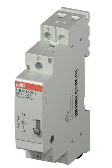 Ein grauer Schütz mit Beschriftung 'ABB' oben links, 16A, 250V. Es hat zwei Anschlussklemmen oben und einen Schalter in der Mitte.