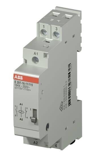 Ein graues, rechteckiges elektrisches Relaisbauteil mit Beschriftung 'ABB' und Stromwerten. Es hat mehrere Anschlussklemmen oben.