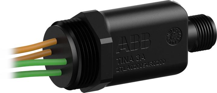 Schwarzer zylindrischer Sensor mit Kabelanschlüssen auf der linken Seite. Markierung 'ABB TINA 8A'.