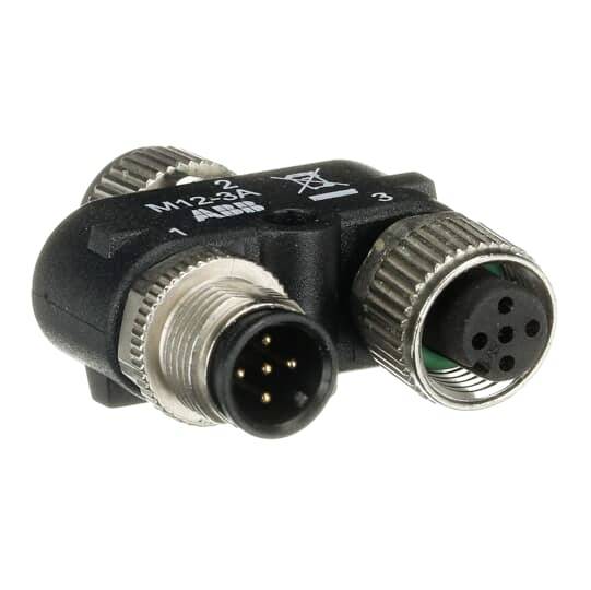 Y-Verbindungsmischer, M12-Stecker und Buchse, 3-polig, zur Verbindung und Verteilung elektrischer Signale in einem Gerät.