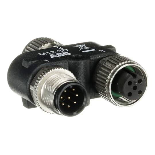 Ein schwarzer Y-förmiger elektrischer Verteileradapter mit drei runden Steckverbindern und der Aufschrift M12-3D mit Symbolen.