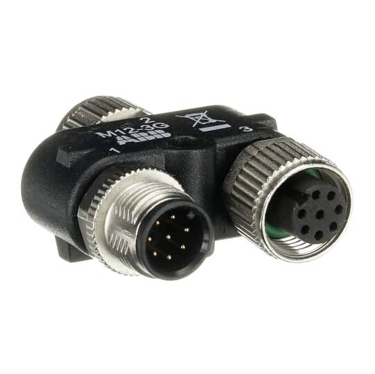 Ein schwarzer T-förmiger elektrischer Koppelstecker mit mehreren Pins und Buchsen, verwendet zur Verbindung von Kabeln.