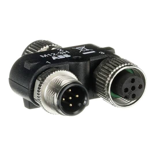 M12 T-Stück Steckverbinder, mit drei Anschlüssen, einer männlich und zwei weiblich, für industrielle Anwendungen.