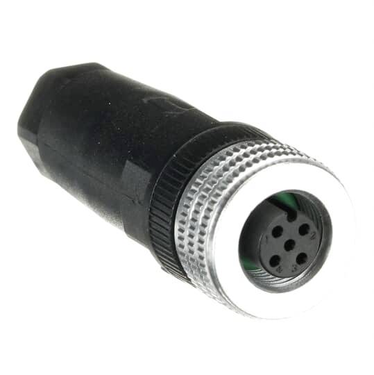 Schwarzer, zylindrischer Steckverbinder mit silbernem Rand und mehreren Steckplätzen, verwendet für elektronische/vernetzte Geräte.