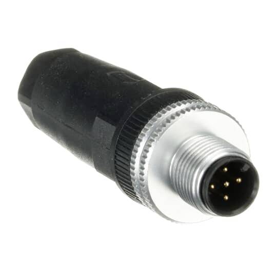 Ein schwarzer, zylindrischer Steckverbinder mit fünf Metallkontakten, geeignet für industrielle oder elektronische Anwendungen.