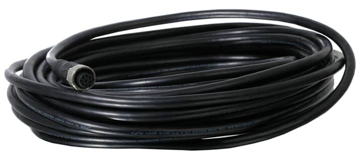 Ein langes, schwarzes Kabel mit einem runden Stecker an einem Ende, aufgerollt und bereit zur Verwendung in elektronischen Anwendungen.