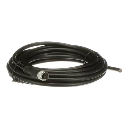 Langes, schwarzes Kabel, aufgerollt mit einem runden Stecker an einem Ende. Eignet sich für elektronische Verbindungen.