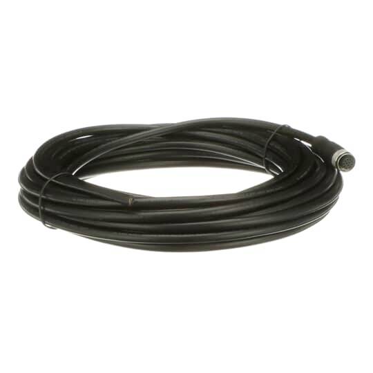 Ein langes, schwarzes Kabel, ordentlich aufgerollt, mit einem Anschluss an einem Ende.