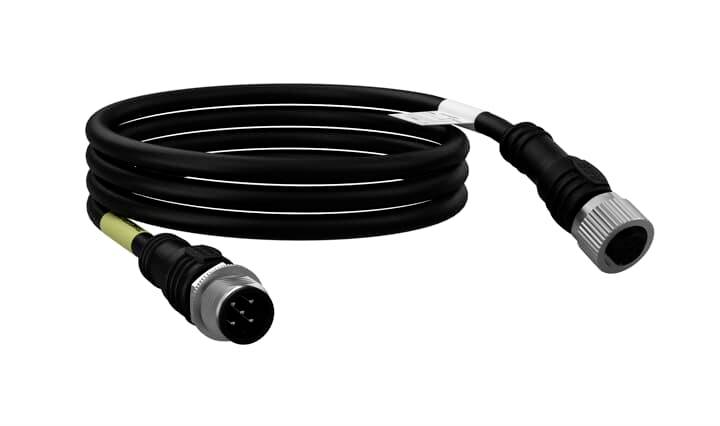 Schwarzes, spiralförmiges Kabel mit Steckverbindern an beiden Enden, geeignet für industrielle Anwendungen oder Verbindung von Geräten.