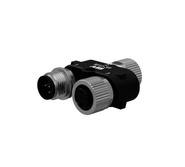 Ein schwarzer Y-Adapterstecker mit drei runden Steckverbindungen, geeignet für industrielle Anwendungen, zeigt männliche und weibliche Anschlüsse.
