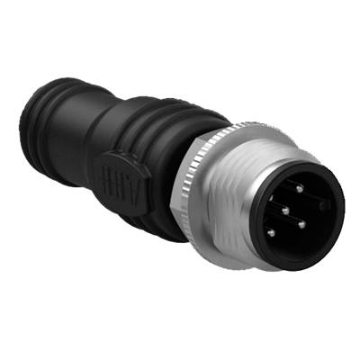Ein schwarzer, zylindrischer Steckverbinder mit drei Metallstiften, geeignet für industrielle oder elektronische Anwendungen.
