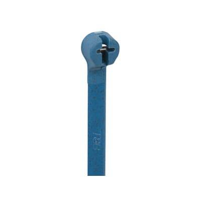 Ein blauer Kabelbinder aus Kunststoff, aufrecht stehend, mit einem geschlossenen Verriegelungskopf oben.
