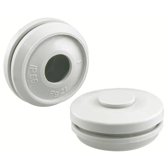 Zwei weiße, runde Kunststoffstopfen, einer seitlich und einer von oben abgebildet, mit der Aufschrift 'IP66' für wasserdichten Schutz.