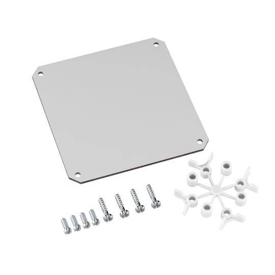 Metallplatte mit acht Schrauben und einer weißen, sternförmigen Kunststoffhalterung.