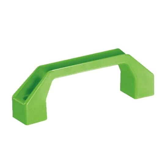 Ein grüner, rechteckiger Handgriff aus Kunststoff, der eventuell als Tür- oder Werkzeuggriff verwendet werden könnte.