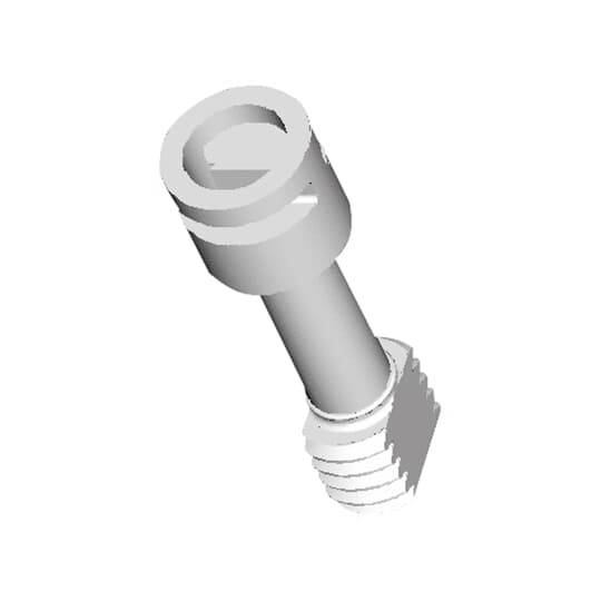 3D-Modell einer Metallschraube mit zylindrischem Kopf und Gewinde, schwebt vor weißem Hintergrund; technische Zeichnung.