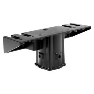 Schwarzer Metallhalter für Montageteile, rechteckige Basis und abgerundeter Sockel, verwendet zur Unterstützung von Strukturen.