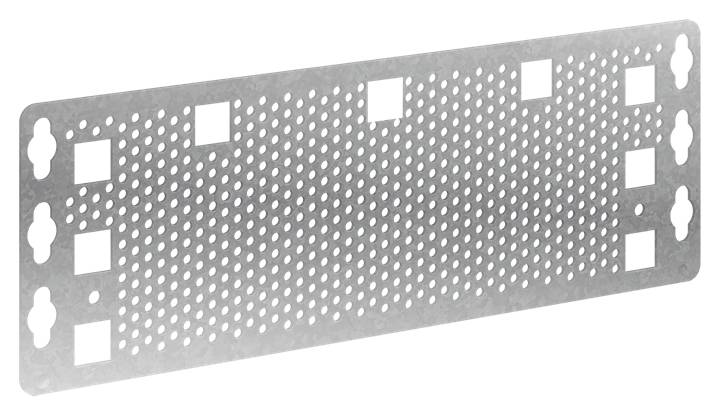Metallplatte mit vielen kleinen Löchern und symmetrisch angeordneten quadratischen Ausstanzungen. Verwendet für Bau- und Montagezwecke.