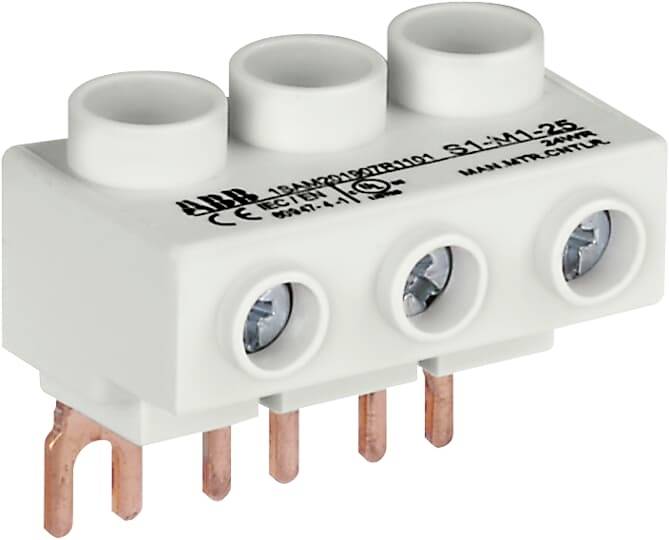 Klemmenblock mit drei Kupferanschlüssen und drei Schraubverbindungen, geeignet für elektrische Verbindungen in Anwendungen bis 25A.