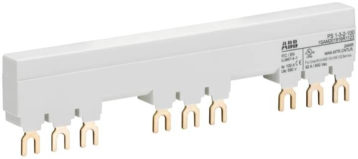 Ein Sammelschienverbinder mit sechs Anschlussklemmen, geeignet für elektrische Verteilungssysteme. Herstellername und technische Daten sind sichtbar.