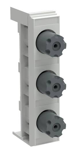 Dreifacher elektrischer Sicherungshalter in vertikaler Ausrichtung mit drei grauen Sicherungskappen.