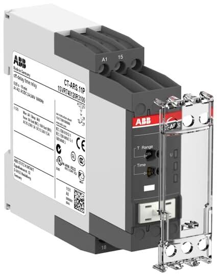 Industrie-Zeitrelais von ABB im Gehäuse, Modell CT-ARS.11P. Zeigt Anschlüsse und Einstellknöpfe für Zeit- und Bereichssteuerung.