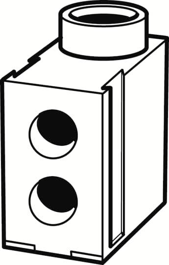 Schwarz-weiße Zeichnung einer rechteckigen Box mit zwei großen, runden Öffnungen und einer zylindrischen Struktur oben.