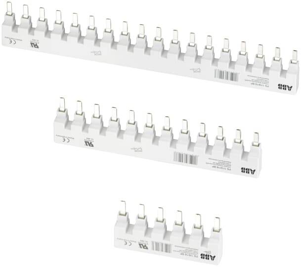 Drei weiße Stromschienen (Phasenschienen) von ABB in unterschiedlicher Länge mit Anschlüssen oben, verwendet zur elektrischen Verbindung.